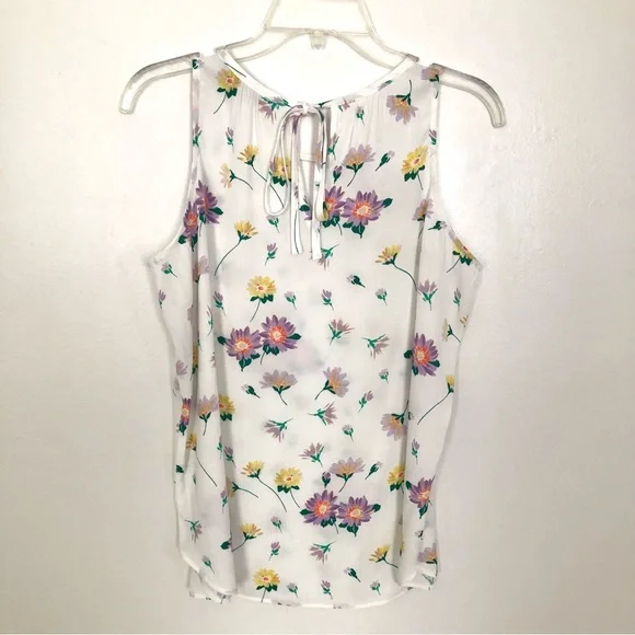 LOFT Floral Tie Back Keyhole Shell Whisper White Tank XS - Picture 7 of 11